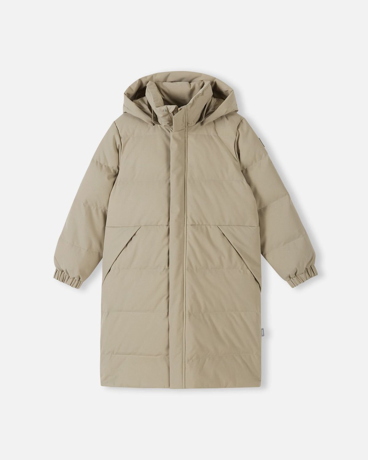 High-resolution product image of the Reima Parkkala winter long down coat for girls in Earthy Beige, showing the full front profile, hood structure, quilted insulation panels, and large patch pockets against a light grey background.