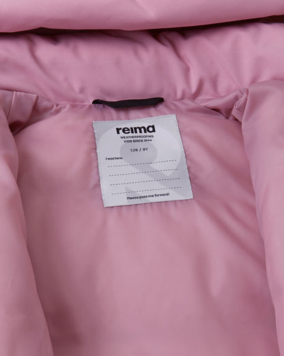 Inside collar view of the grey pink Reima Parkkala girls' winter outerwear, displaying the smooth pink lining, Reima weatherproofing certification, and a dedicated space for writing a child's name for school or camp.