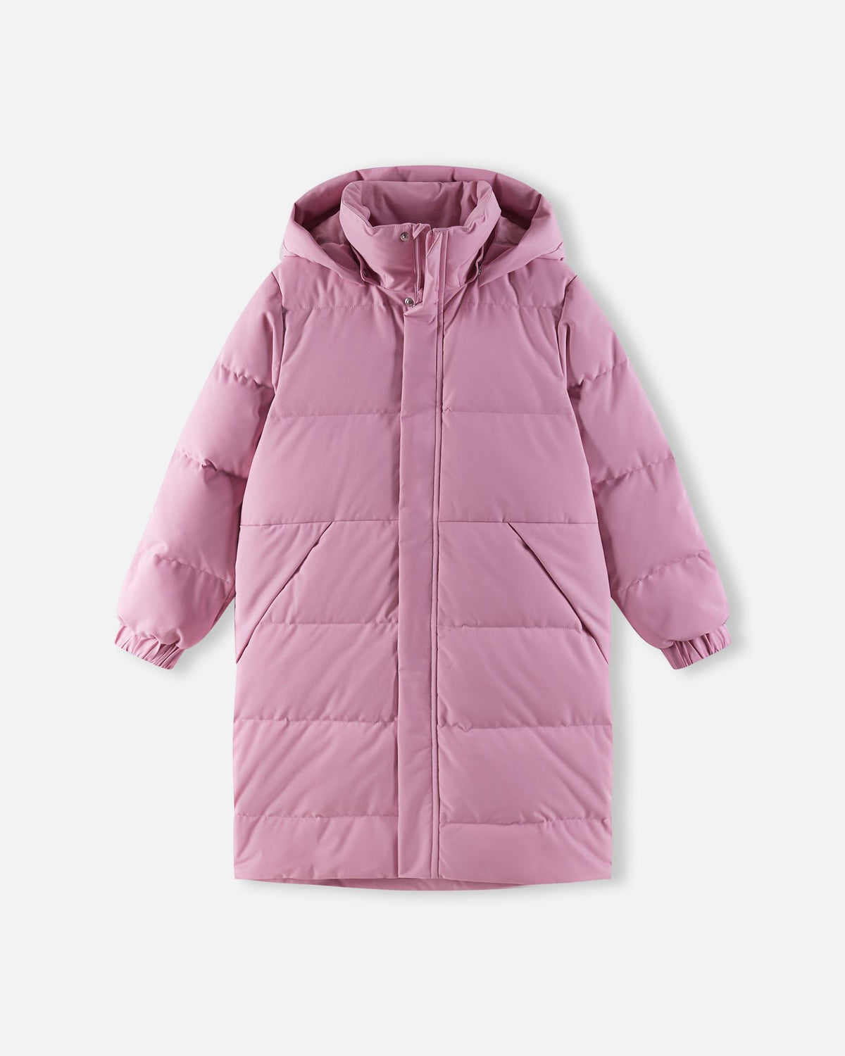 Front flat lay view of the Reima Parkkala kids' long down coat in a soft grey pink color, featuring thick insulated baffles, a tall protective collar, elastic cuffs, and a full-length storm flap for extreme winter warmth.