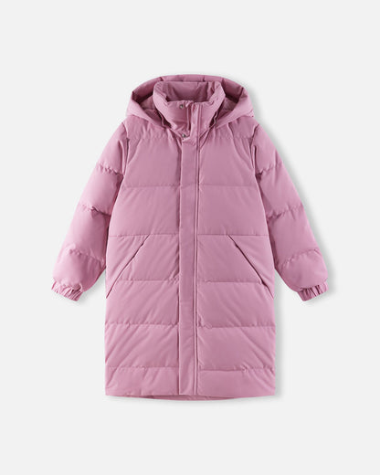 Front flat lay view of the Reima Parkkala kids' long down coat in a soft grey pink color, featuring thick insulated baffles, a tall protective collar, elastic cuffs, and a full-length storm flap for extreme winter warmth.