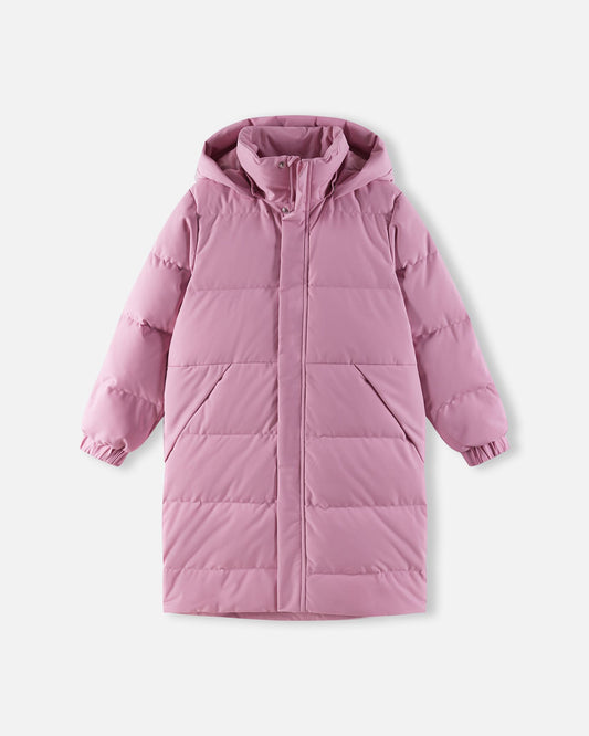 Front flat lay view of the Reima Parkkala kids' long down coat in a soft grey pink color, featuring thick insulated baffles, a tall protective collar, elastic cuffs, and a full-length storm flap for extreme winter warmth.
