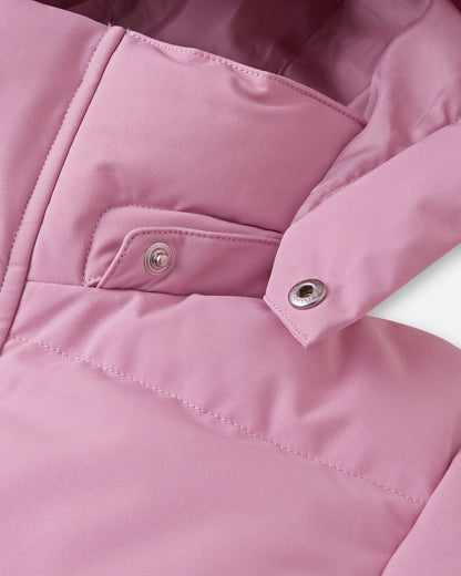 Detailed close-up of the metallic safety snaps along the collar of the grey pink Reima Parkkala kids' puffer coat, a safety feature designed to allow the hood to detach easily if caught during outdoor winter play.