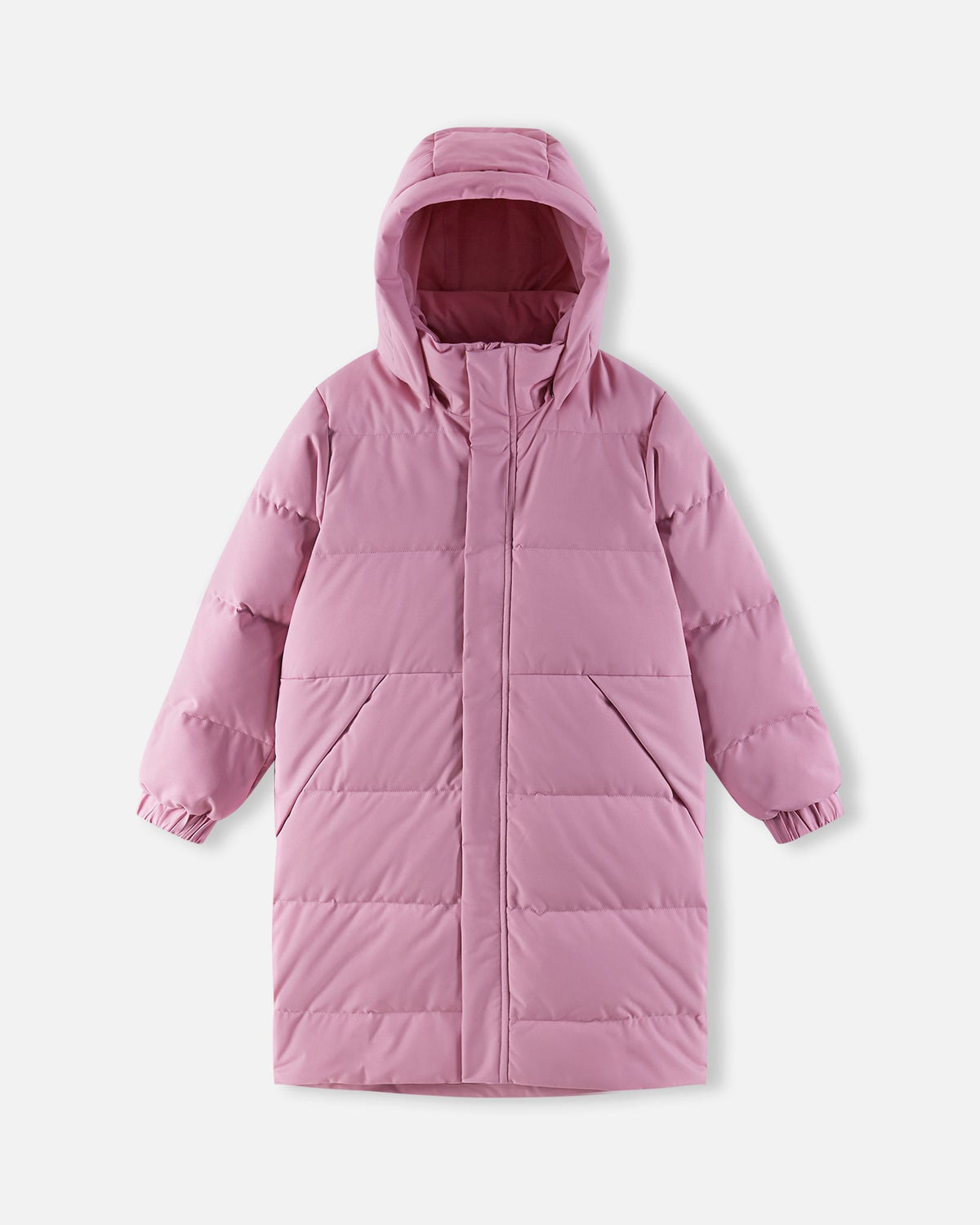 Front layout of the grey pink Reima Parkkala youth long puffer coat with the insulated winter hood raised, illustrating comprehensive coverage designed to protect kids from freezing wind and snow.