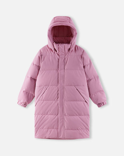 Front layout of the grey pink Reima Parkkala youth long puffer coat with the insulated winter hood raised, illustrating comprehensive coverage designed to protect kids from freezing wind and snow.