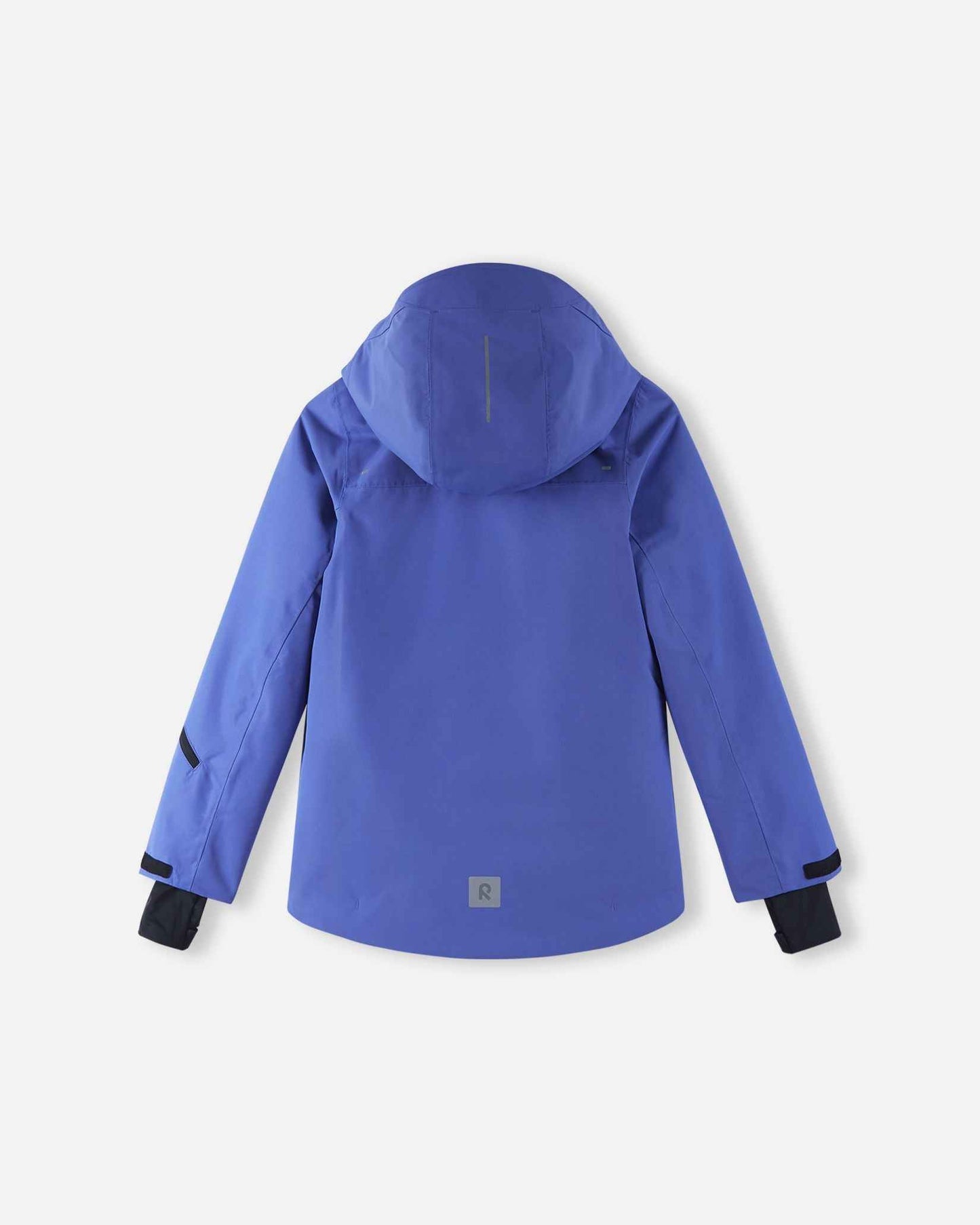 Back flat lay perspective of the breezy violet Reima Perille children's ski coat, highlighting the clean design, reflective lower-back safety badge, and adjustable helmet-compatible hood.