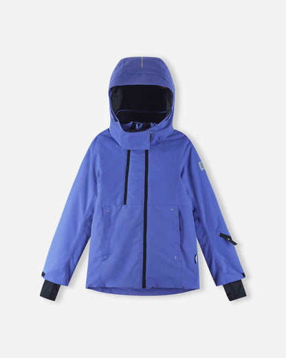 Front layout of the breezy violet Reima Perille youth ski jacket with the protective hood fully raised, illustrating how the high collar design shields the face from freezing winds on the slopes.