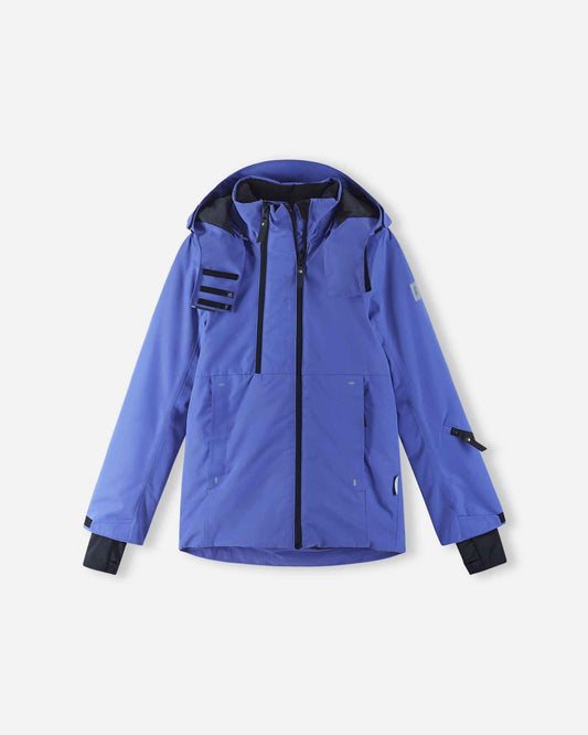 Front flat lay view of the breezy violet Reima Perille kids' ski jacket, featuring a waterproof exterior, double front zippers, and adjustable cuffs with inner thumbhole wrist gaiters for optimal snow protection.