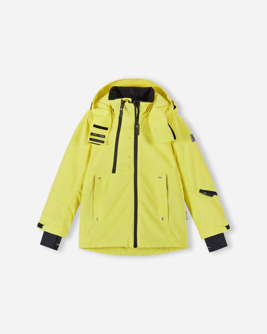 Front flat lay view of the bright yellow Reima Perille kids' ski jacket, featuring waterproof Reimatec construction, high-contrast black zippers, an insulated hood, and adjustable cuffs with thumbhole wrist gaiters.