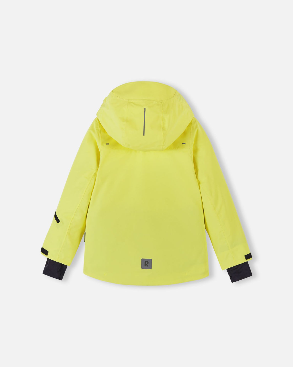 Back flat lay view of the bright yellow Reima Perille youth ski jacket, highlighting the clean protective shell, helmet-compatible hood, and lower-back reflective safety emblem.