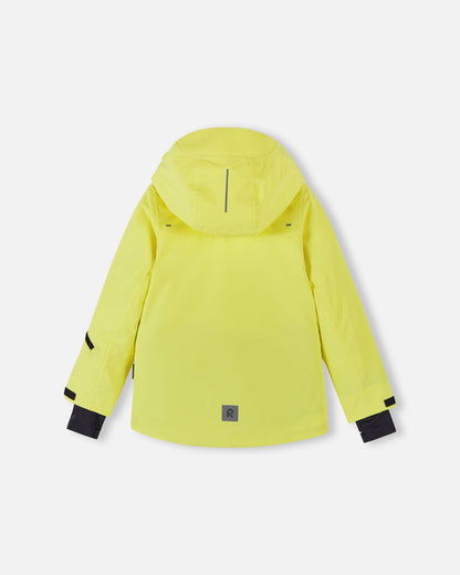 Back flat lay view of the bright yellow Reima Perille youth ski jacket, highlighting the clean protective shell, helmet-compatible hood, and lower-back reflective safety emblem.