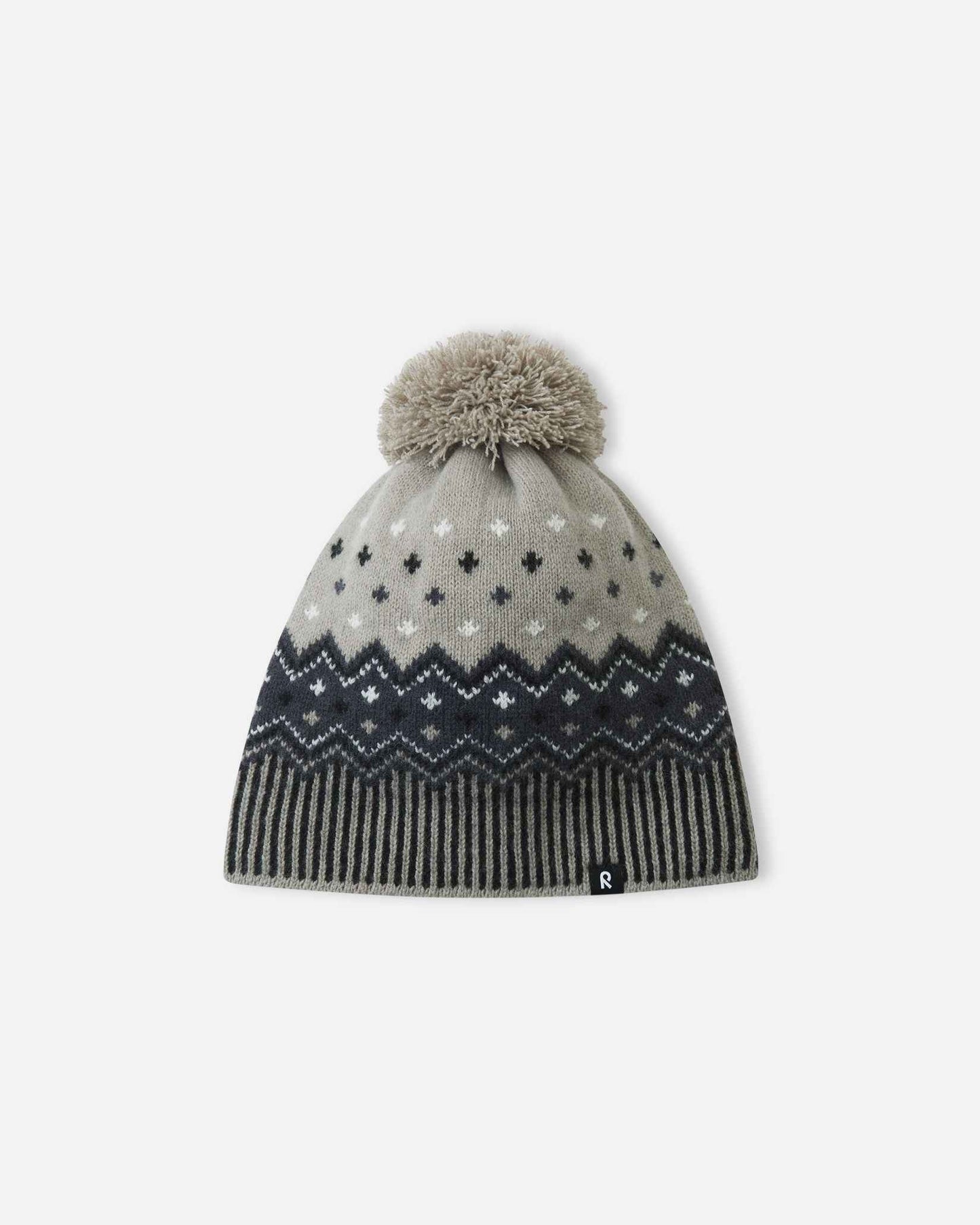 Alternate front flat lay view of the black and earthy grey Reima Pohjoinen children's Nordic knit beanie, showcasing the 100% merino wool outer shell designed for natural temperature regulation in sub-zero weather.