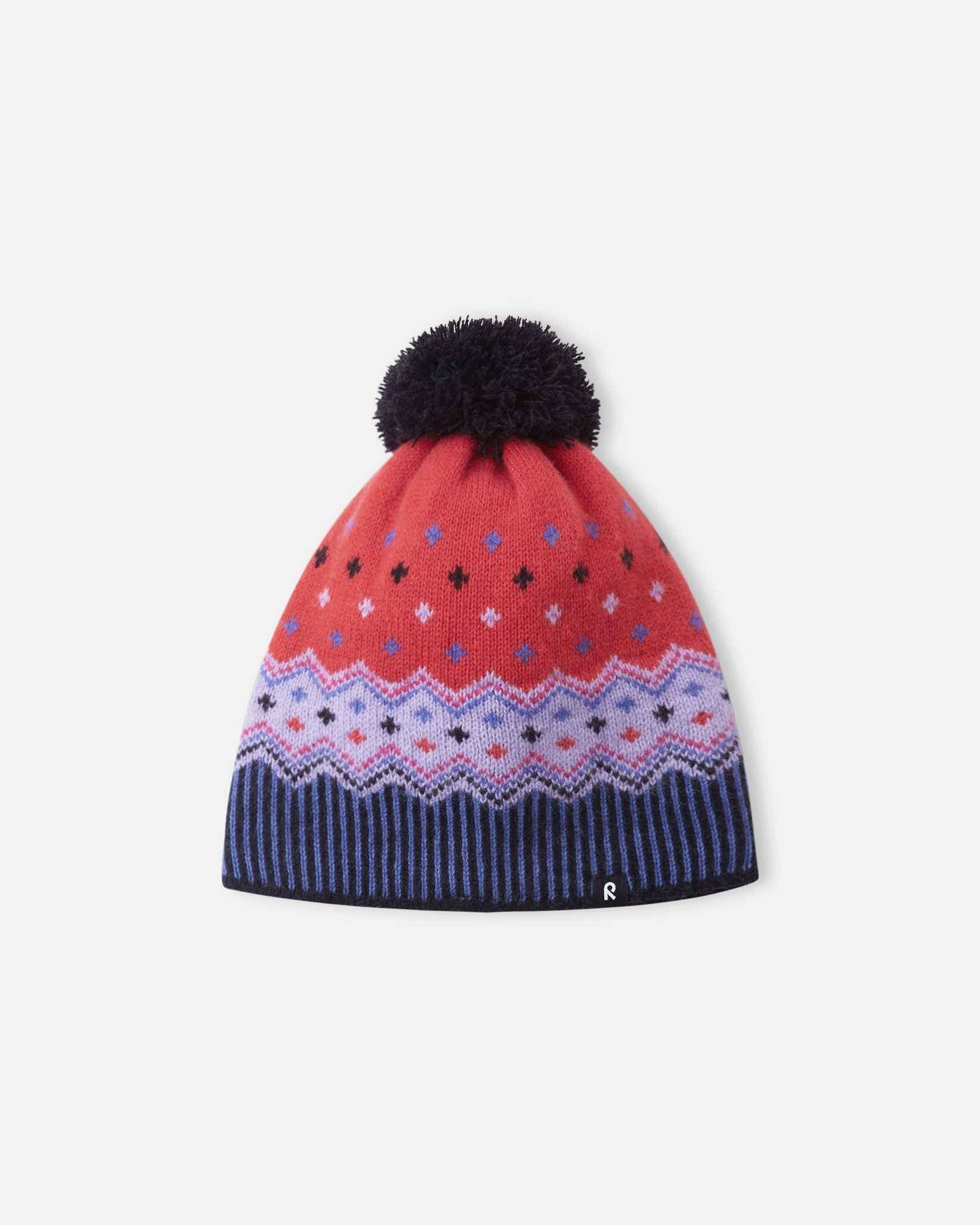 Alternate front view of the breezy violet Reima Pohjoinen children's winter hat, designed with pure merino wool yarn for breathable warmth and natural moisture wicking during outdoor winter play.