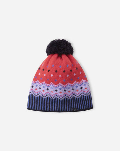 Alternate front view of the breezy violet Reima Pohjoinen children's winter hat, designed with pure merino wool yarn for breathable warmth and natural moisture wicking during outdoor winter play.