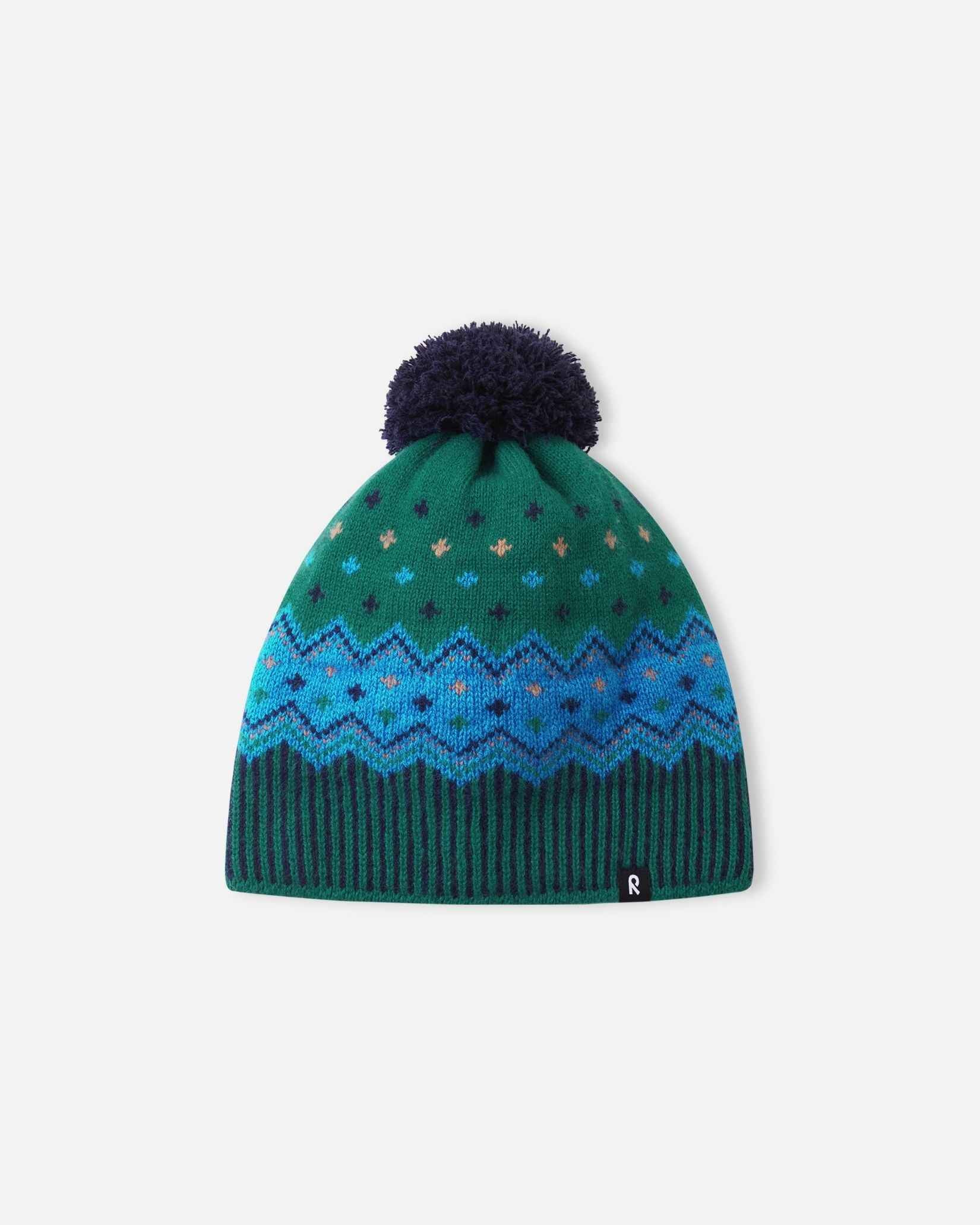 Alternate front view of the navy and pine green Reima Pohjoinen children's winter hat, designed with pure merino wool yarn for breathable warmth and natural moisture wicking during outdoor winter play.
