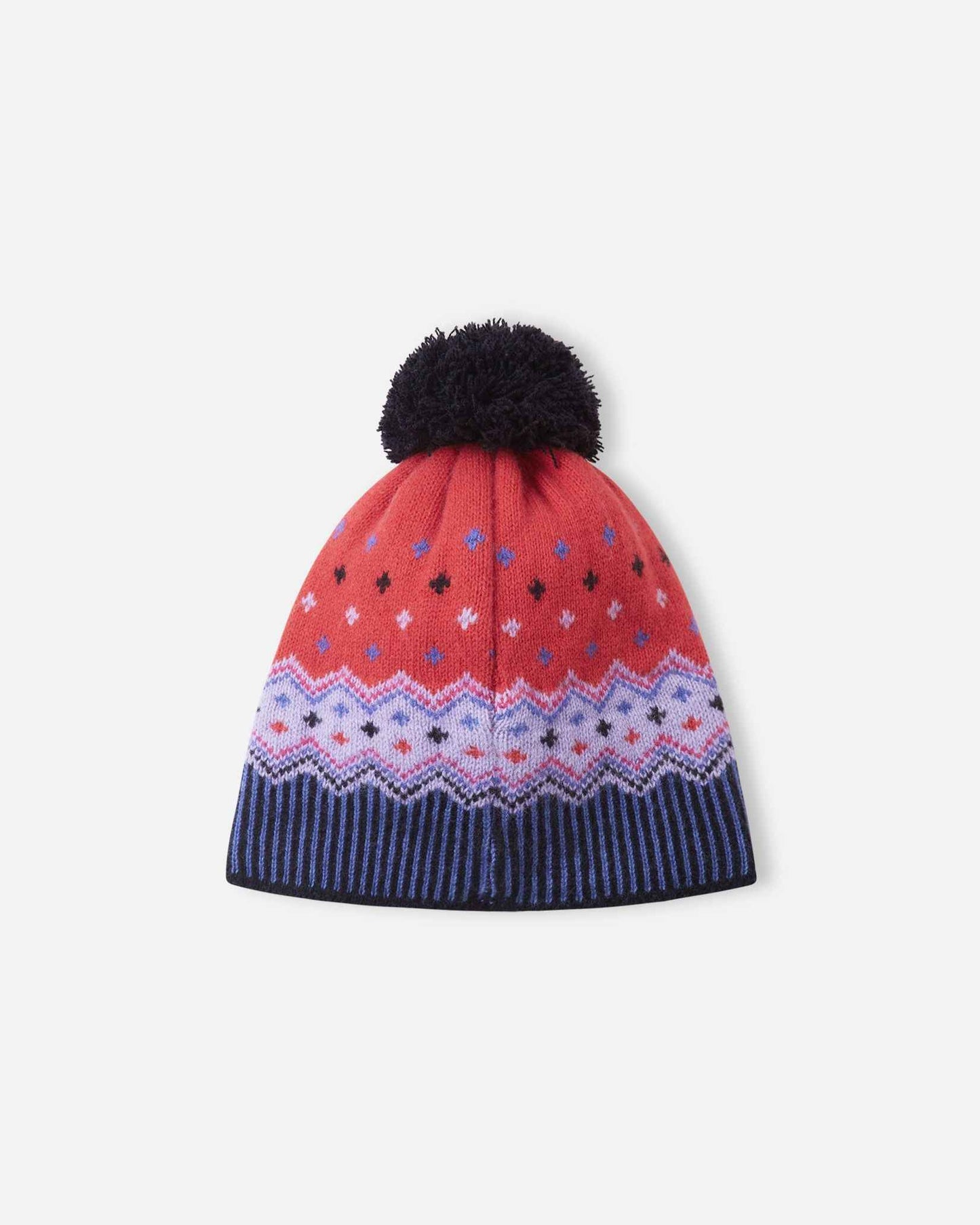 Back flat lay view of the breezy violet Reima Pohjoinen kids' merino wool beanie, highlighting the continuous knitted Fair Isle pattern in red and purple tones, and the durable navy pom-pom construction.
