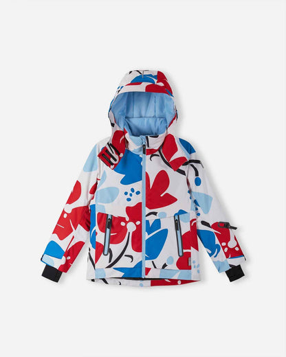 Standing front profile of the Reima Posio girls' floral snow coat in white, red, and blue, engineered with a water-repellent shell and windproof hood for extreme winter weather.