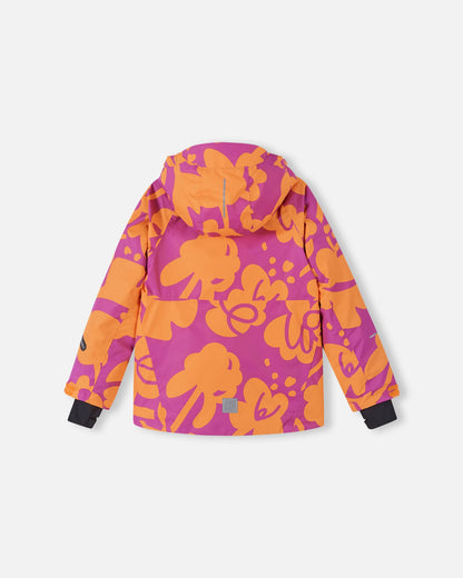 Back view of the Reima Posio girls' ski jacket in the fuchsia and orange floral pattern, showing the attached hood and a reflective safety patch near the bottom hem.