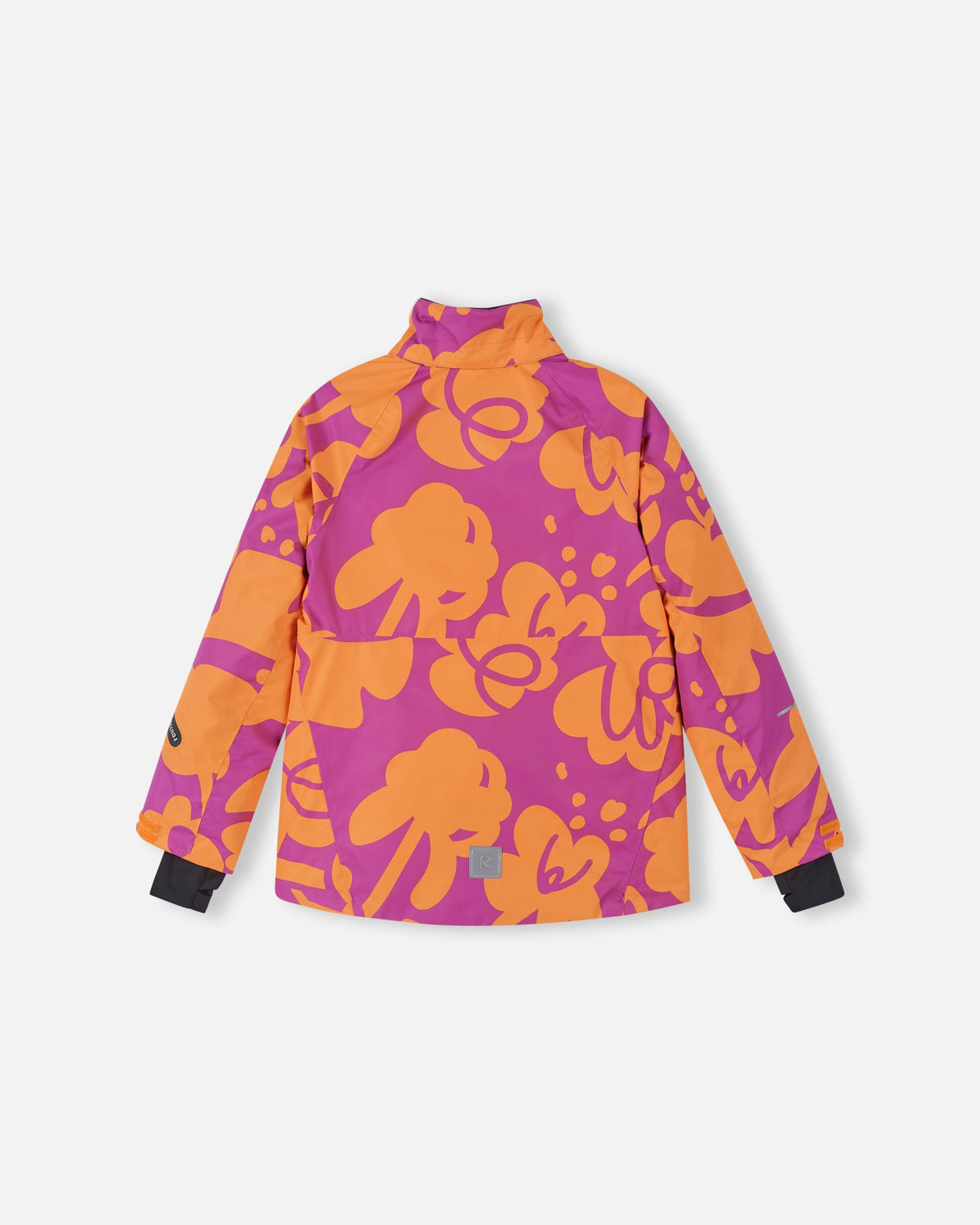 Rear view of the Reima Posio girls' winter ski jacket with the detachable hood removed, displaying the insulated high stand-up collar against the fuchsia and orange patterned fabric.