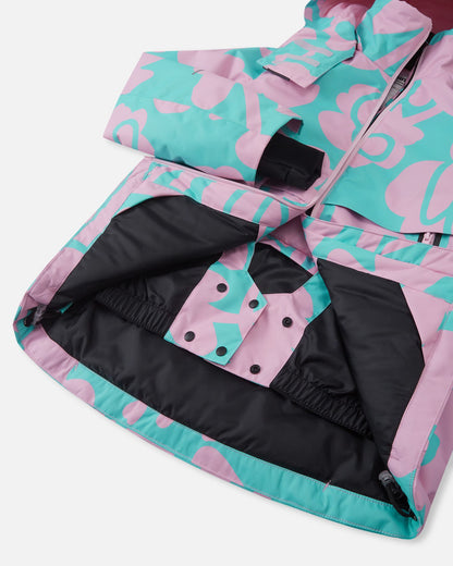Interior view of the Reima Posio girls' ski jacket, revealing the smooth black lining, adjustable hem cords, and the built-in snap-button snow lock powder skirt designed to keep snow out during winter sports.