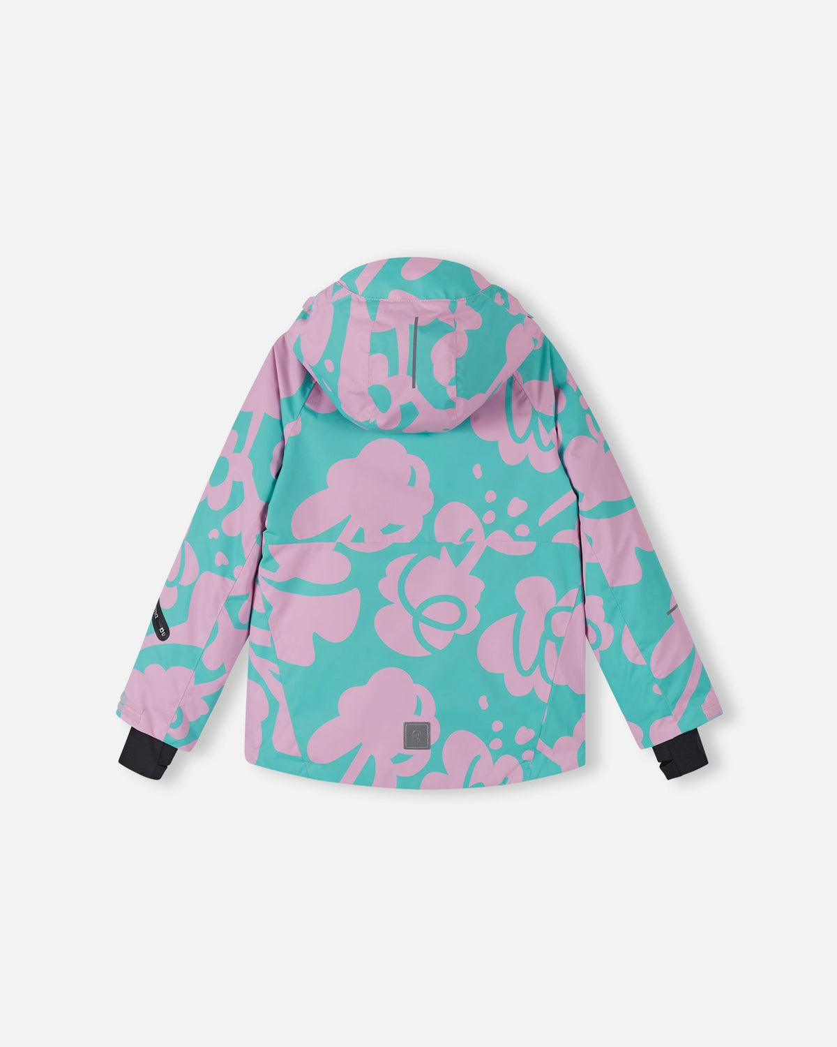 Back view of the Reima Posio girls' ski jacket in the light heather pink and teal floral pattern, showing the attached hood, seamless fabric design, and a reflective safety patch near the bottom hem.