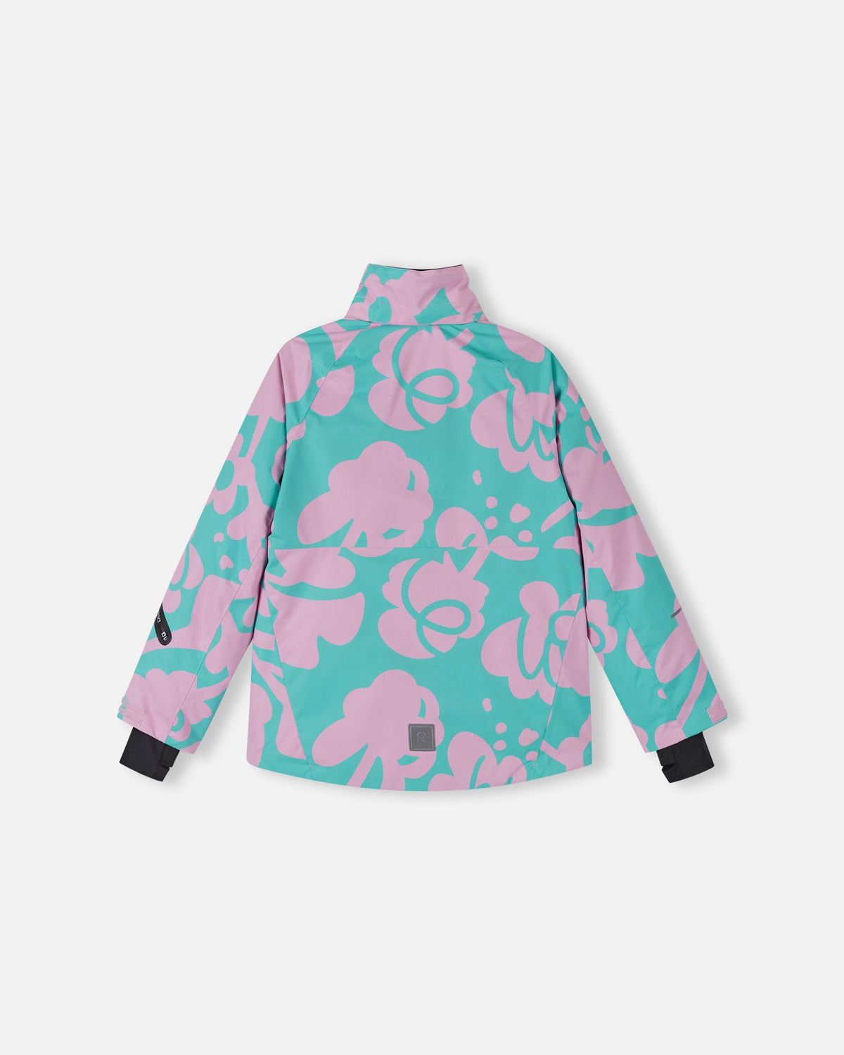 Rear view of the Reima Posio girls' waterproof winter jacket with the detachable hood removed, displaying the insulated high stand-up collar against the light heather floral fabric.