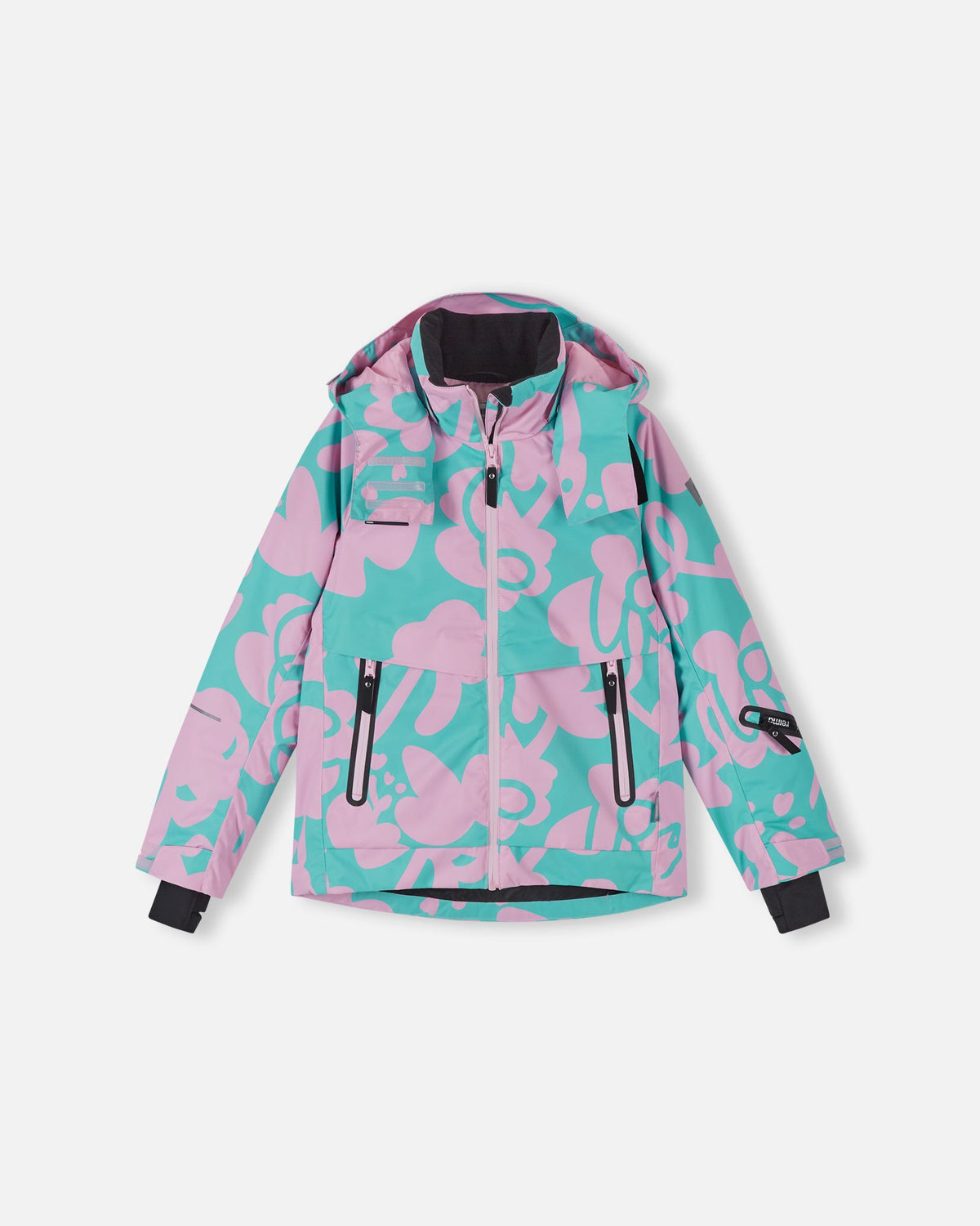 Front flat-lay view of the Reima Posio girls' waterproof ski jacket in a light heather pink and teal floral print, featuring a detachable hood, water-repellent front zipper, and zippered hand pockets.