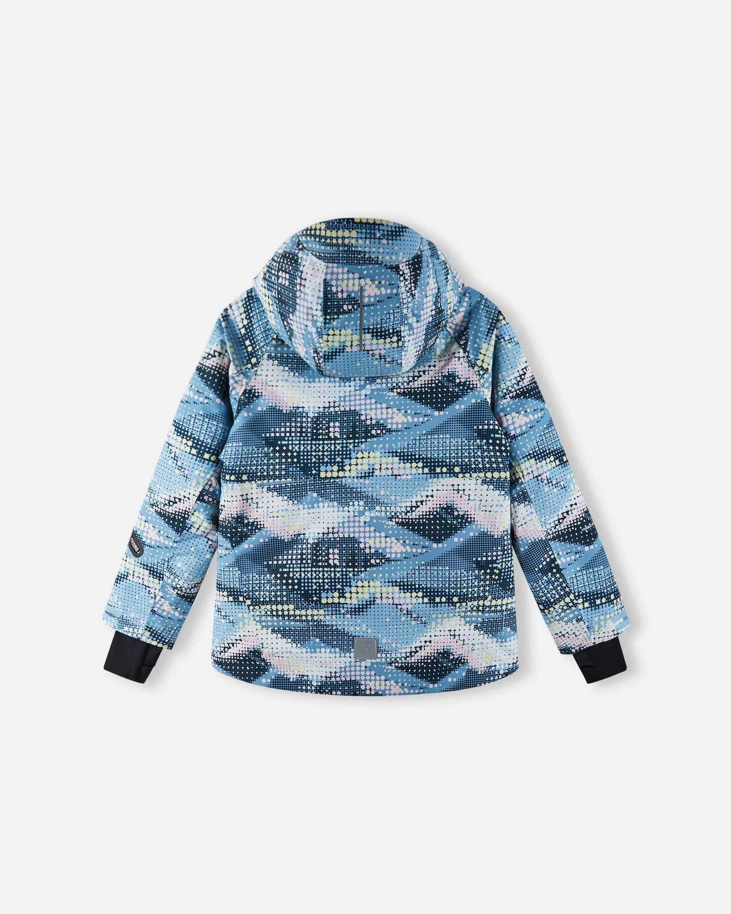Back view of the frozen blue Reima Posio kids' waterproof ski jacket, displaying the continuous digital mountain print, protective hood, and a reflective safety patch at the lower hem.