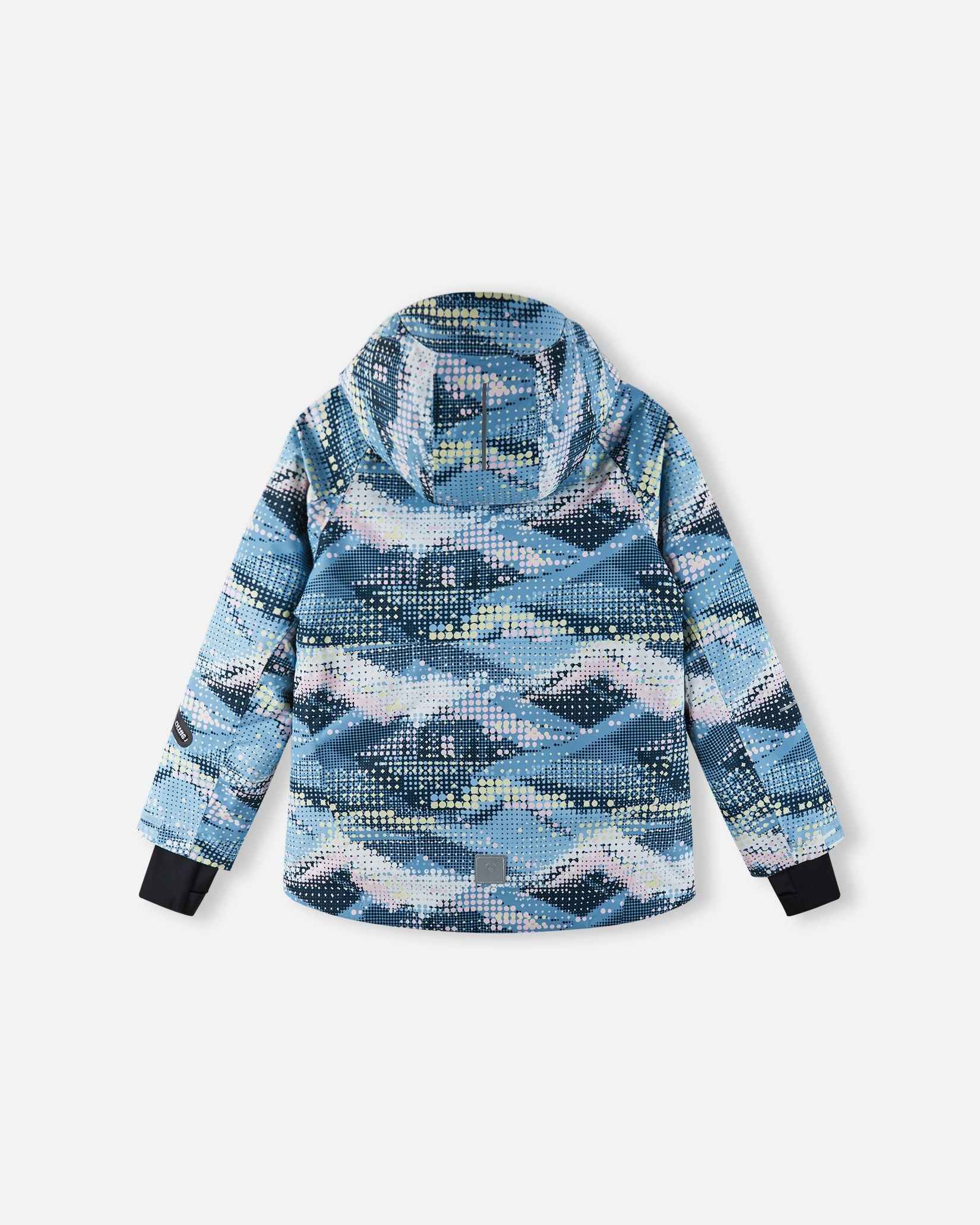 Back view of the frozen blue Reima Posio kids' waterproof ski jacket, displaying the continuous digital mountain print, protective hood, and a reflective safety patch at the lower hem.