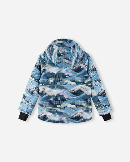 Back view of the frozen blue Reima Posio kids' waterproof ski jacket, displaying the continuous digital mountain print, protective hood, and a reflective safety patch at the lower hem.