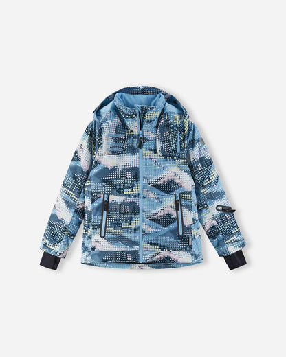 Front view of the frozen blue Reima Posio kids' waterproof winter ski jacket, showcasing the unique digital mountain pattern, sealed light blue front zipper, and adjustable cuffs.