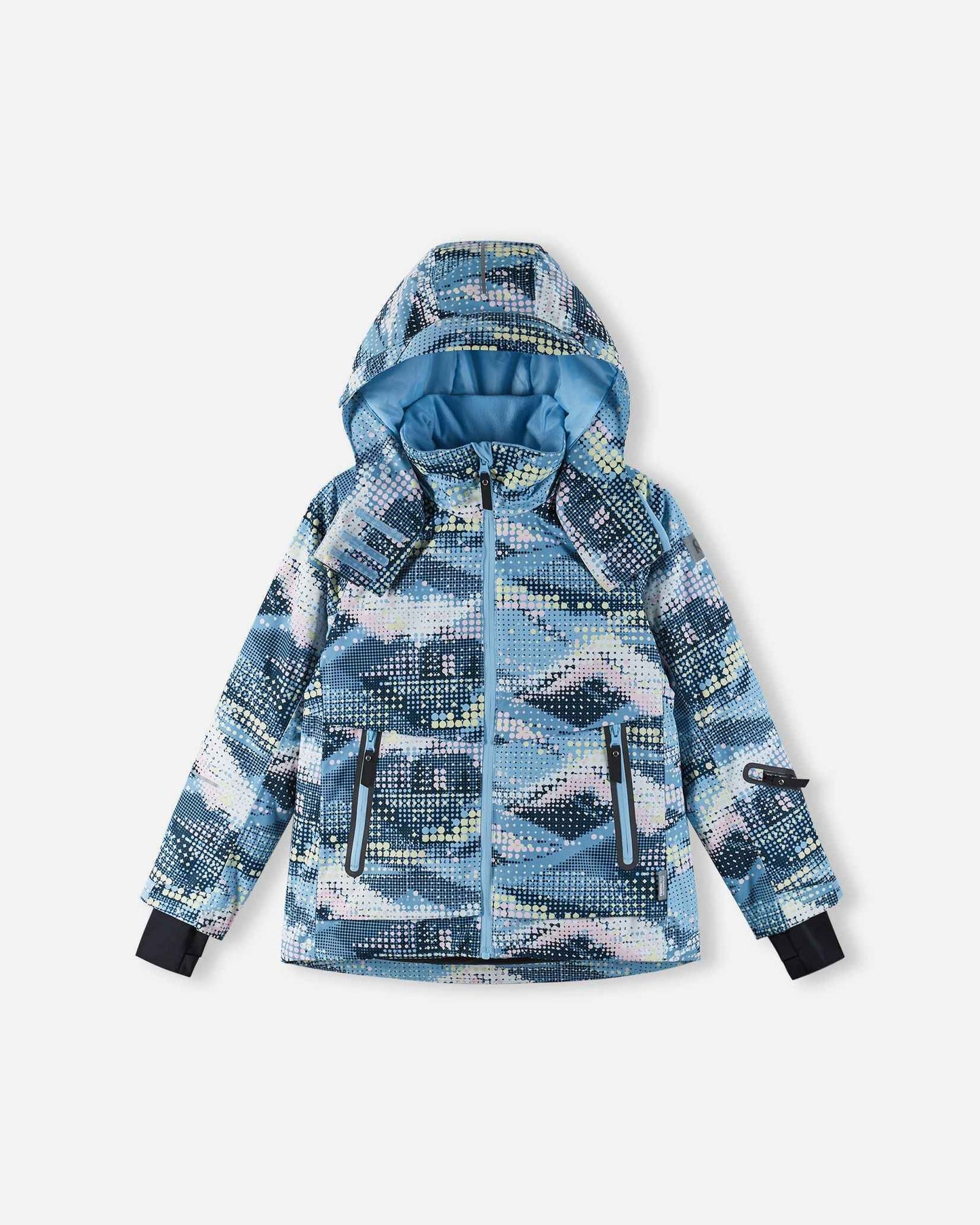 Front flat lay view of the frozen blue Reima Posio kids' waterproof ski jacket, featuring a digital mountain pattern, a helmet-compatible hood, and secure waterproof zippered pockets.