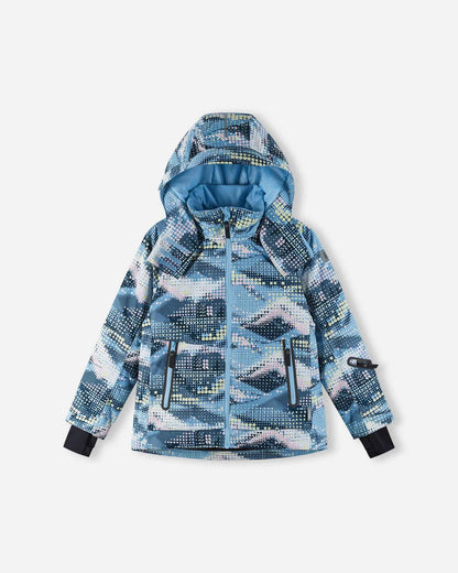 Front flat lay view of the frozen blue Reima Posio kids' waterproof ski jacket, featuring a digital mountain pattern, a helmet-compatible hood, and secure waterproof zippered pockets.