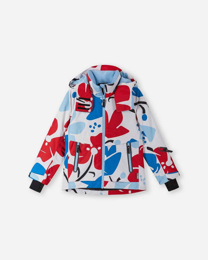 Front flat lay view of the white Reima Posio kids' waterproof ski jacket, showcasing a vibrant red and blue floral pattern, a light blue sealed center zipper, and protective inner lycra cuffs for winter weather.