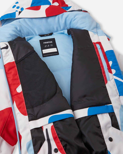 Inside view of the white Reima Posio kids' waterproof ski jacket, showing the smooth blue inner lining, internal mesh goggle pocket, and zippered chest pocket.