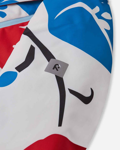 Close-up of the safety-enhancing reflective Reima logo patch on the sleeve of the white Posio kids' waterproof ski jacket, providing visibility in low-light conditions.