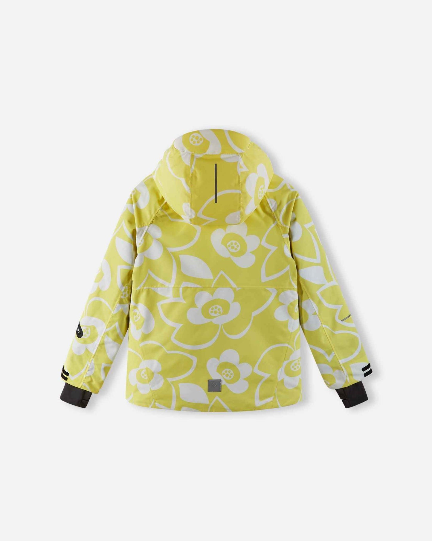 Back view of the yellow Reima Posio kids' waterproof ski jacket, displaying the continuous bold floral pattern, protective hood, and a reflective safety patch at the lower hem.