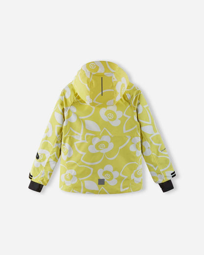 Back view of the yellow Reima Posio kids' waterproof ski jacket, displaying the continuous bold floral pattern, protective hood, and a reflective safety patch at the lower hem.