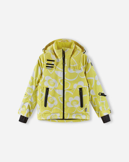 Front view of the yellow Reima Posio kids' waterproof winter ski jacket, showcasing the vibrant white floral print, sealed front zipper, and adjustable lycra inner cuffs.