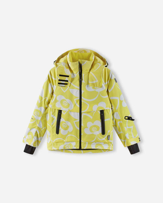 Front view of the yellow Reima Posio kids' waterproof winter ski jacket, showcasing the vibrant white floral print, sealed front zipper, and adjustable lycra inner cuffs.