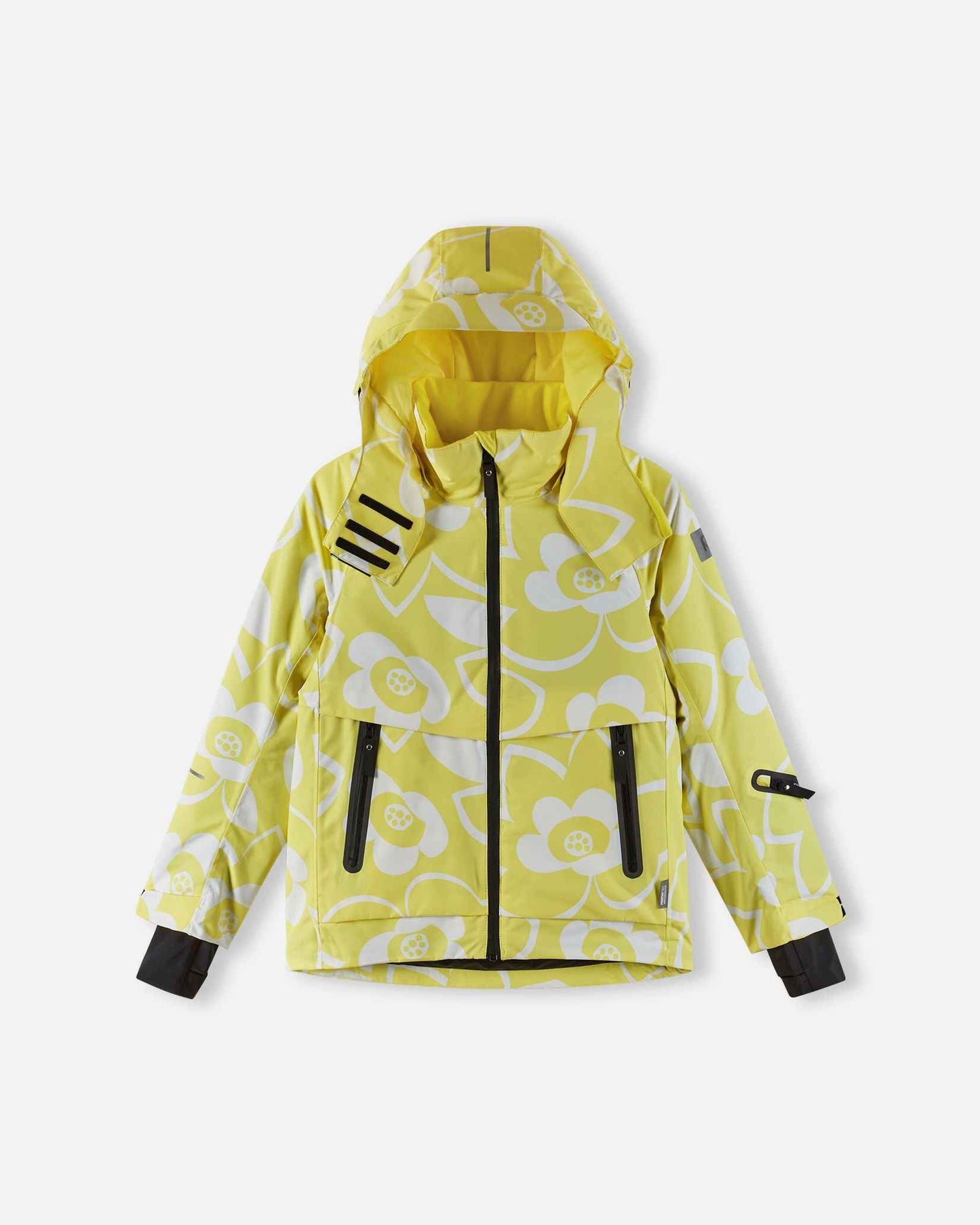 Front flat lay view of the yellow Reima Posio kids' waterproof ski jacket, featuring a bright white floral pattern, a helmet-compatible hood, and secure waterproof zippered pockets.