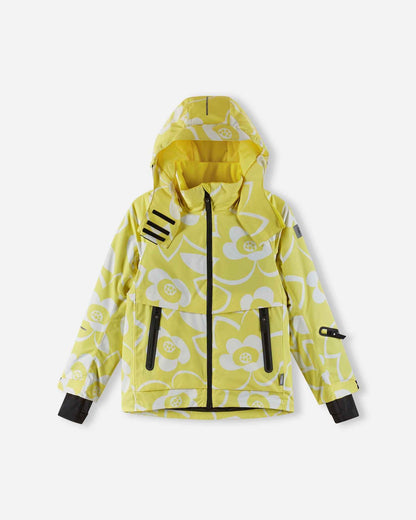 Front flat lay view of the yellow Reima Posio kids' waterproof ski jacket, featuring a bright white floral pattern, a helmet-compatible hood, and secure waterproof zippered pockets.