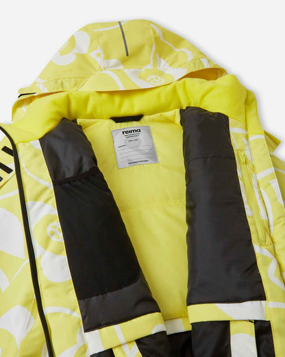 Inside view of the yellow Reima Posio kids' waterproof ski jacket, showing the smooth yellow winter lining, internal mesh goggle pocket, zippered chest pocket, and Reima name tag.
