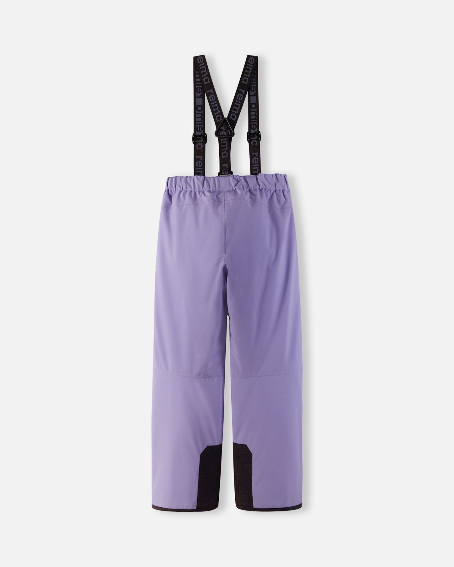 Back flat lay view of the blooming lilac Reima Proxima kids' ski pants, showcasing the clean lines, elastic waistband, and heavy-duty black reinforced lower legs built to withstand heavy wear and tear on the mountain.