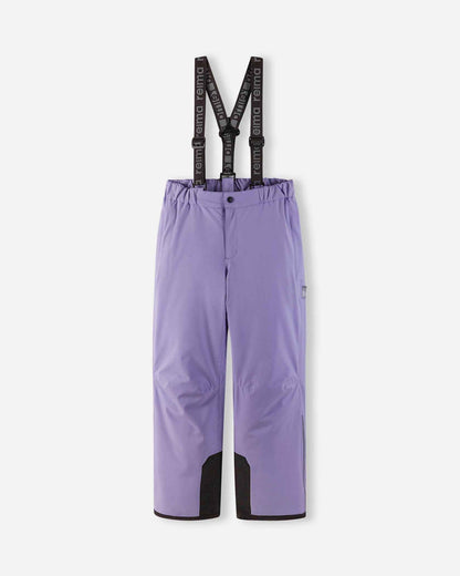 Front flat lay view of the blooming lilac purple Reima Proxima kids' winter ski pants, featuring adjustable Reima-branded black suspenders, a zippered fly, and durable black reinforced hems designed for alpine skiing.