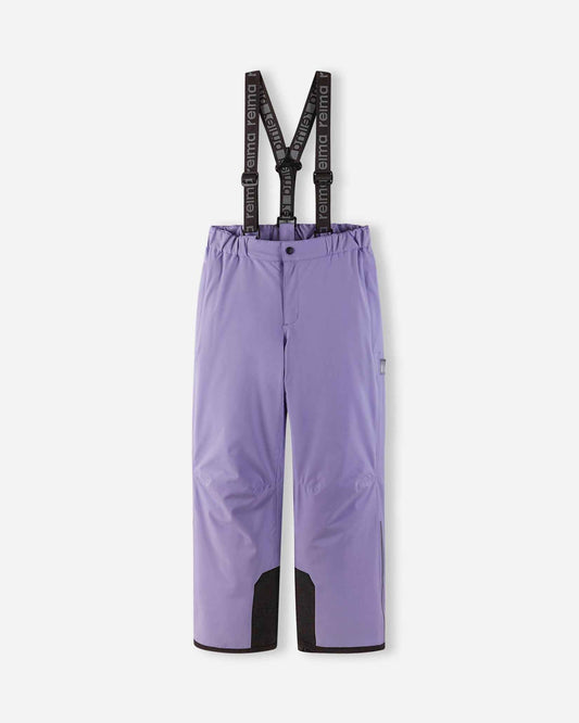Front flat lay view of the blooming lilac purple Reima Proxima kids' winter ski pants, featuring adjustable Reima-branded black suspenders, a zippered fly, and durable black reinforced hems designed for alpine skiing.
