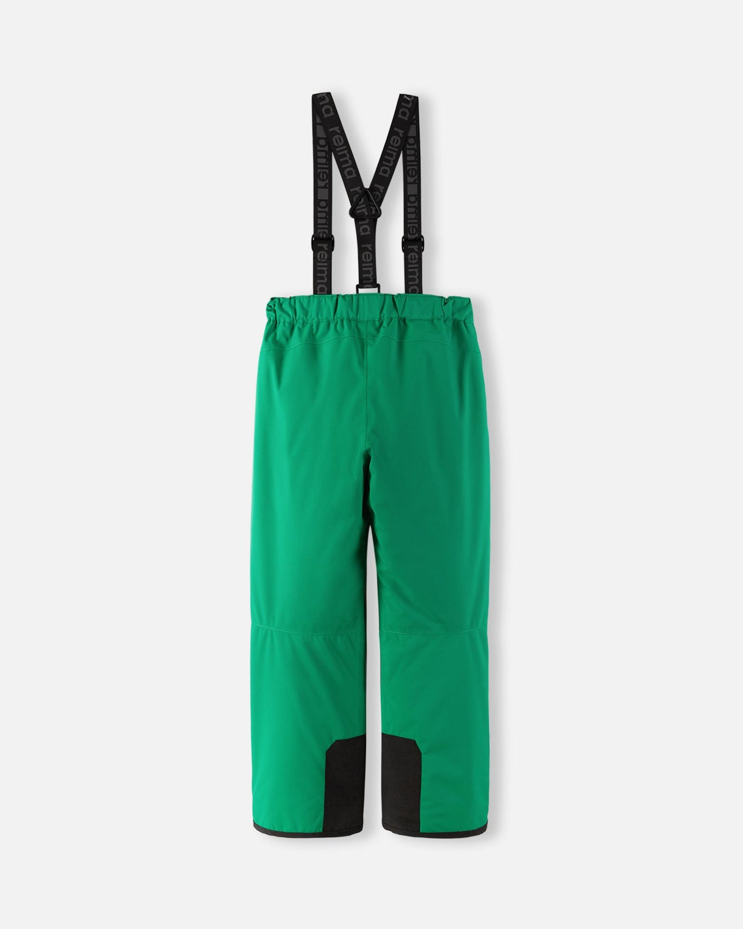 Back flat lay view of the bright green Reima Proxima kids' ski pants, showcasing the clean lines, elastic waistband, and heavy-duty black reinforced lower legs built to withstand heavy wear and tear on the mountain.