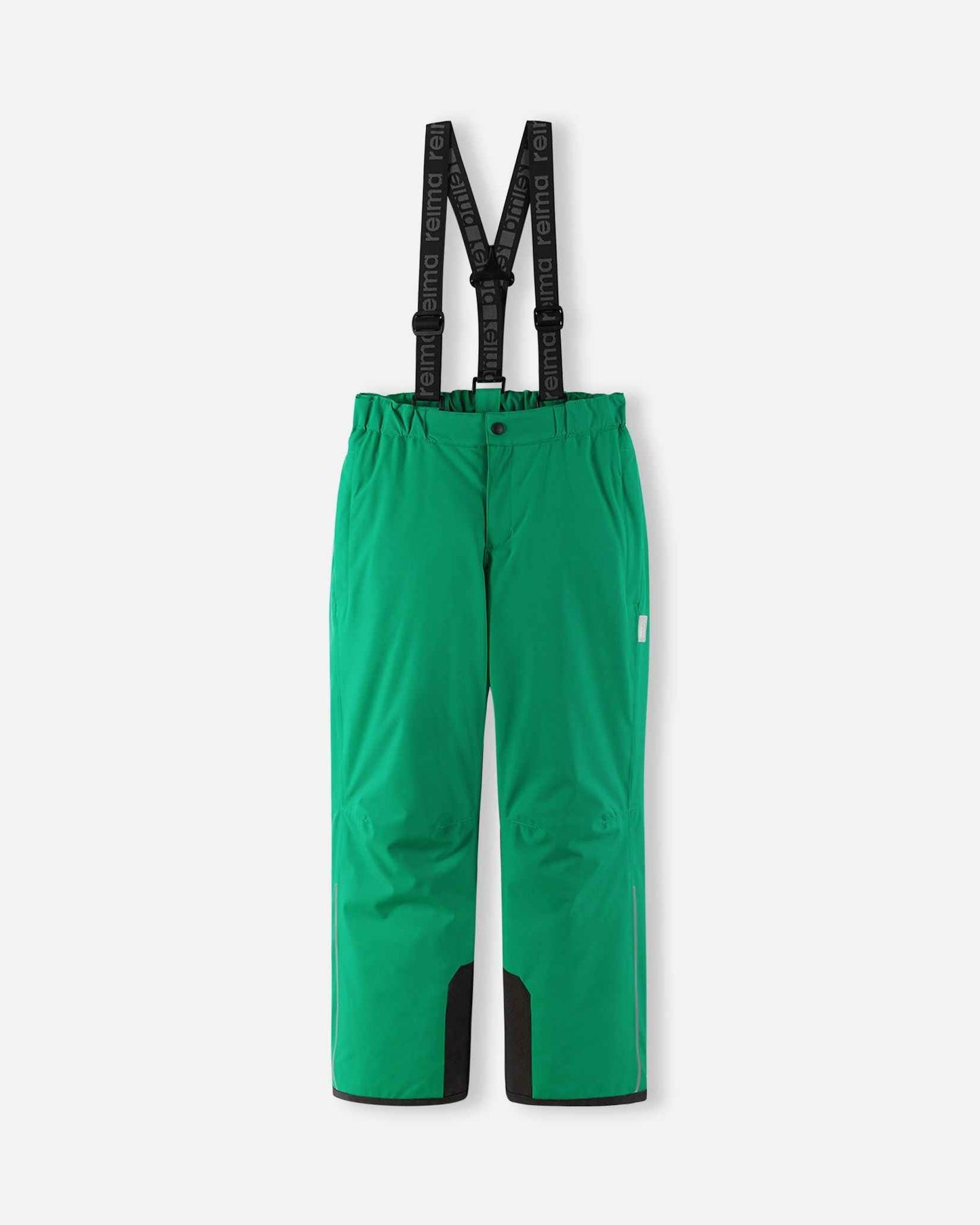 Front flat lay view of the bright green Reima Proxima kids' winter ski pants, featuring adjustable Reima-branded black suspenders, a zippered fly, and durable black reinforced hems designed for alpine skiing.