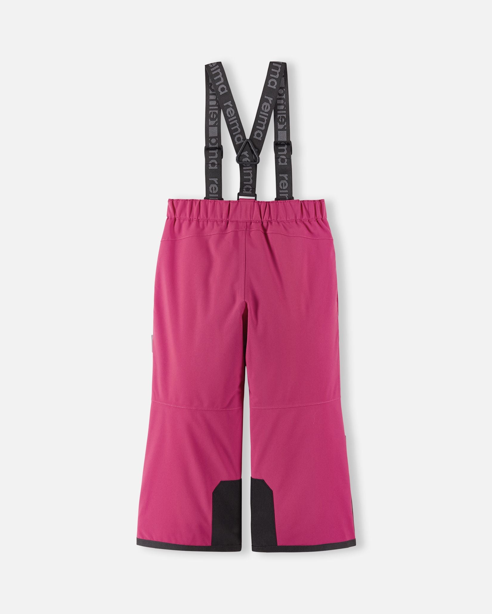 Back flat lay view of the rosy berry Reima Proxima kids' ski pants, showcasing the clean lines, elastic waistband, and heavy-duty black reinforced lower legs built to withstand heavy wear and tear on the mountain.