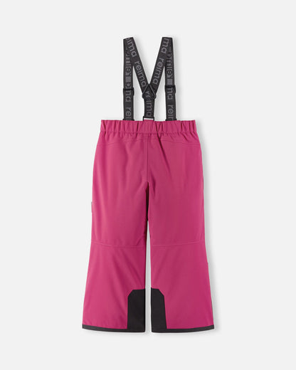 Back flat lay view of the rosy berry Reima Proxima kids' ski pants, showcasing the clean lines, elastic waistband, and heavy-duty black reinforced lower legs built to withstand heavy wear and tear on the mountain.