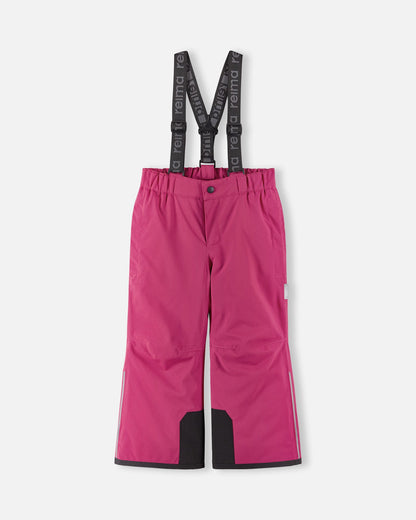 Front flat lay view of the rosy berry pink Reima Proxima kids' winter ski pants, featuring adjustable Reima-branded black suspenders, a zippered fly, and durable black reinforced hems designed for alpine skiing.